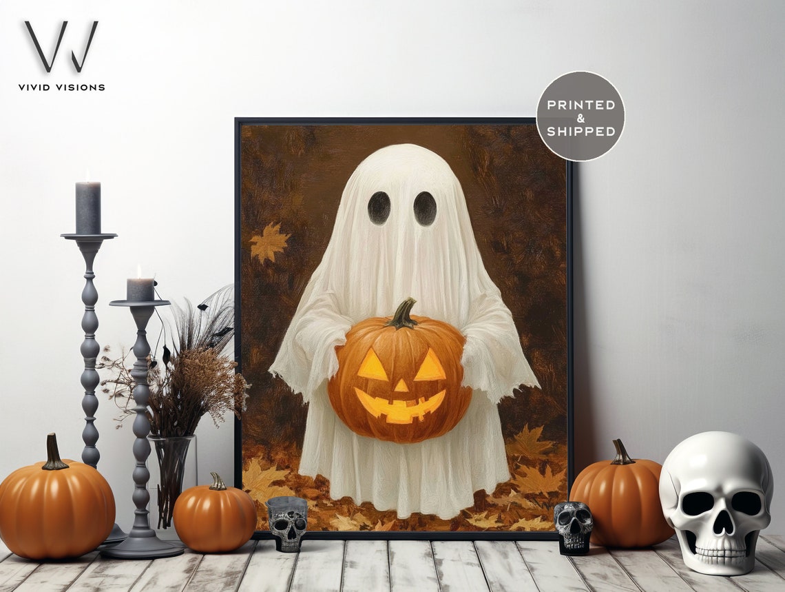 Ghost Holding A Glowing Jack O Lantern Poster Autumn Halloween Artwork - Image 4