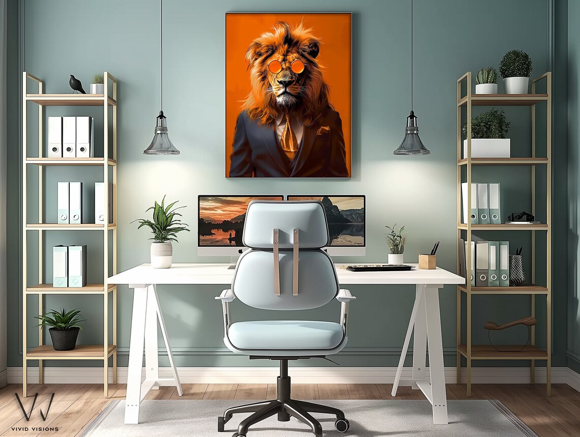 Lion in Suit with Orange Sunglasses Retro Pop Art Animal Poster - Image 3