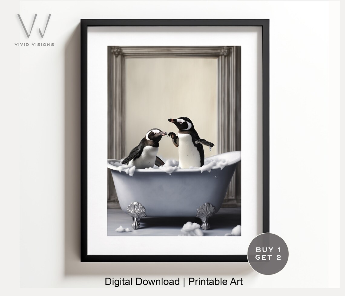 Two Penguins Playing in a Vintage Bathtub Funny Animal Poster