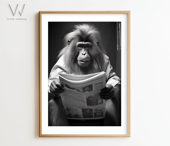 Distinguished Monkey in White Shirt Reading Newspaper Portrait Poster