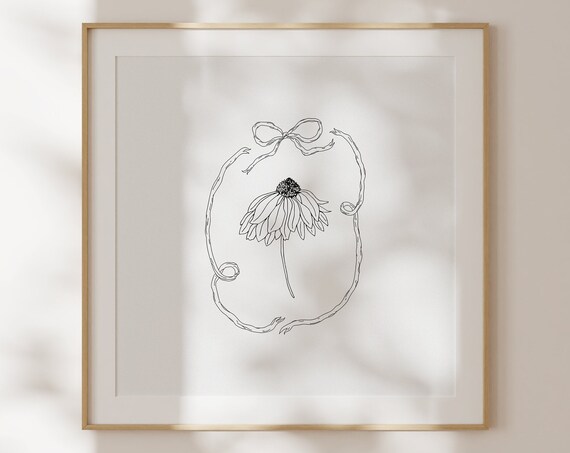 Black Line Coneflower With Ribbon Wreath Botanical Sketch Poster