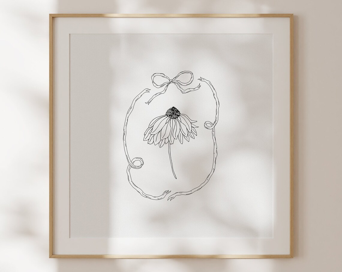 Black Line Coneflower With Ribbon Wreath Botanical Sketch Poster