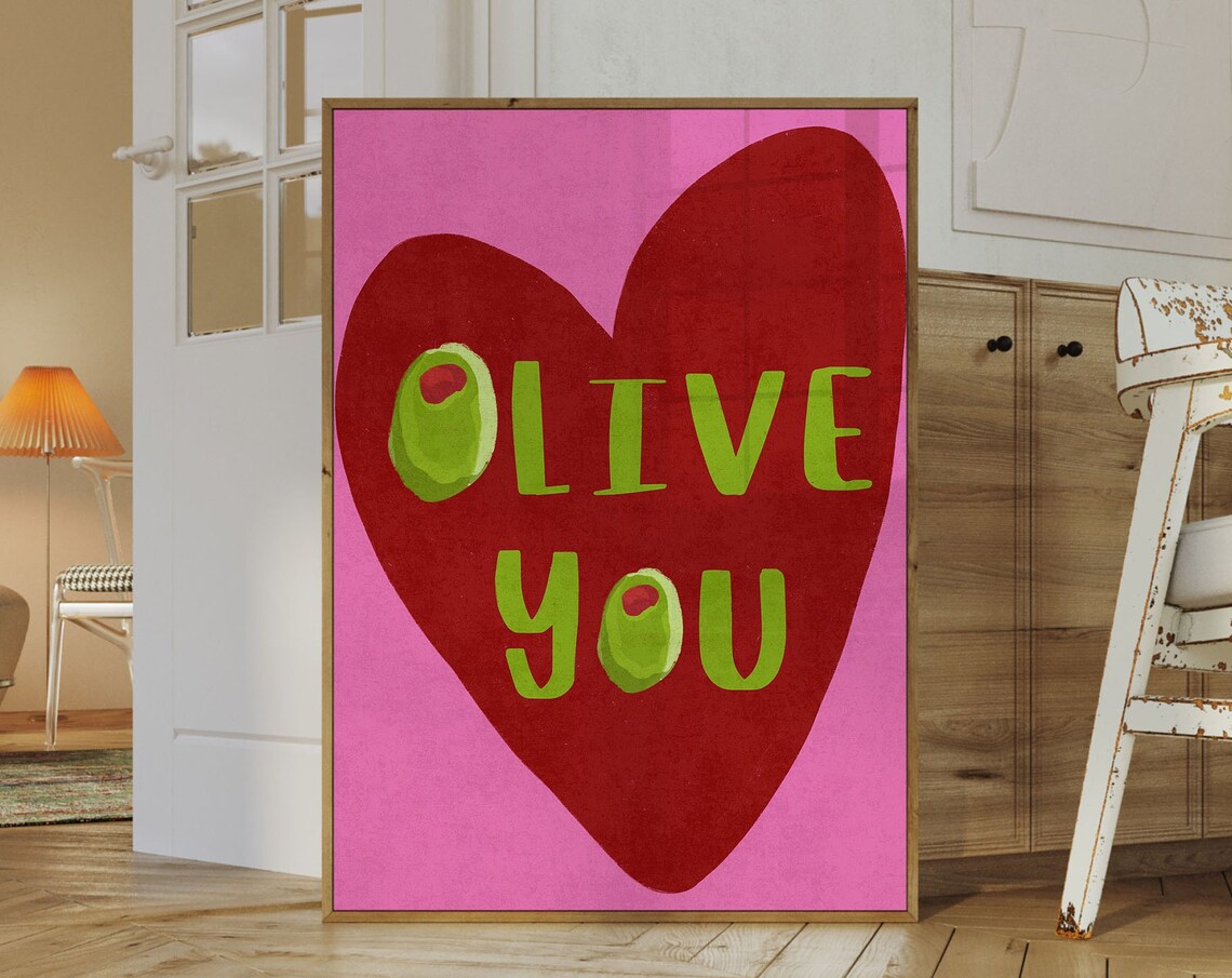 OLIVE YOU Pun Heart Funny Pink Valentines Kitchen Art Poster