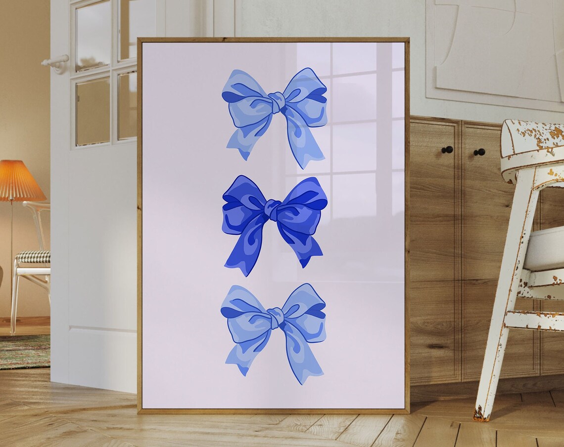 Blue Coquette Bows Trio Preppy Bedroom Aesthetic Wall Poster