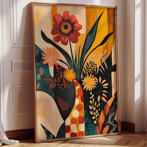 Abstract Floral Wall Art Print Vibrant Botanical Decor Midcentury Modern Inspired Flower Painting Eclectic Home Gallery