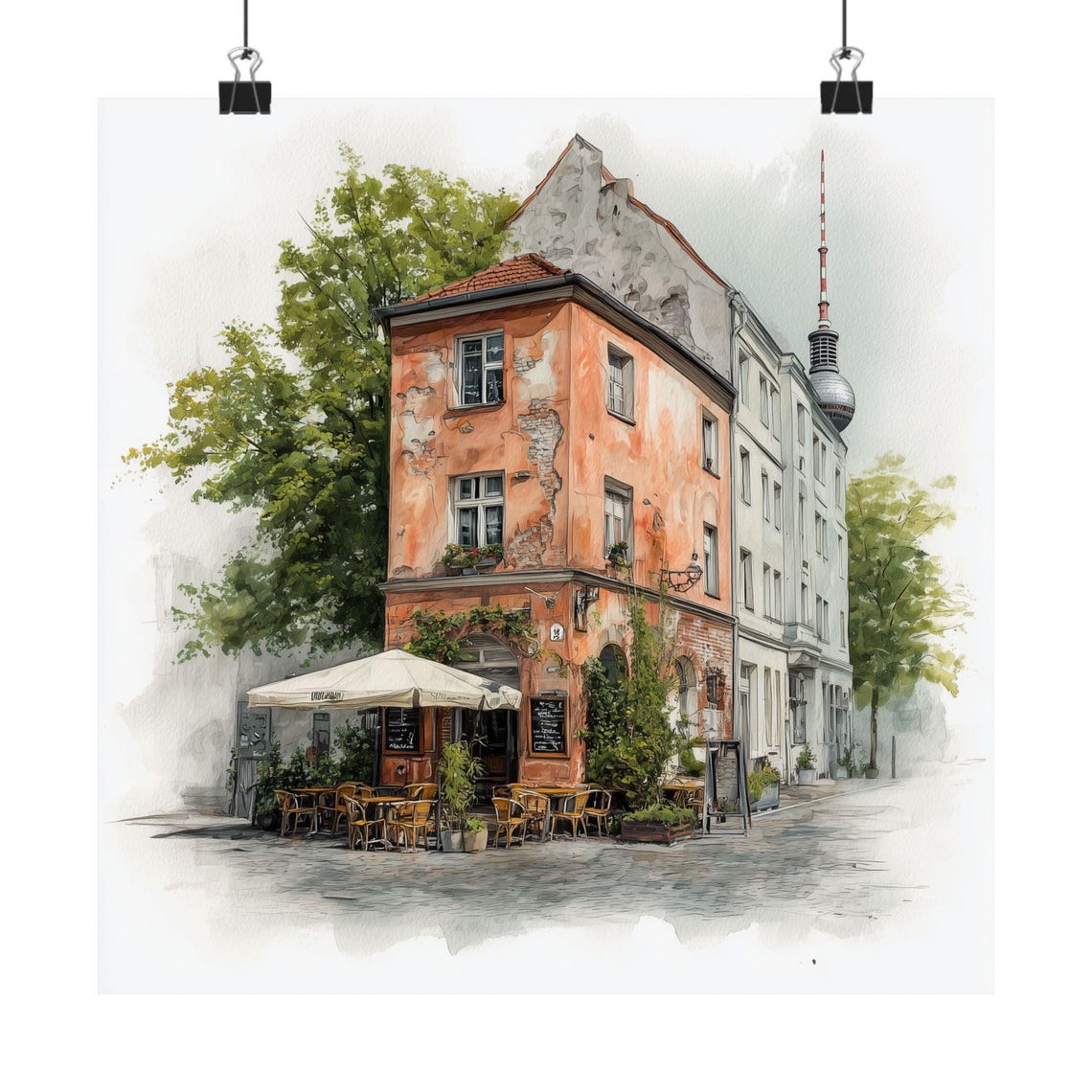 Berlin Corner Cafe Watercolor With TV Tower Germany Travel Poster