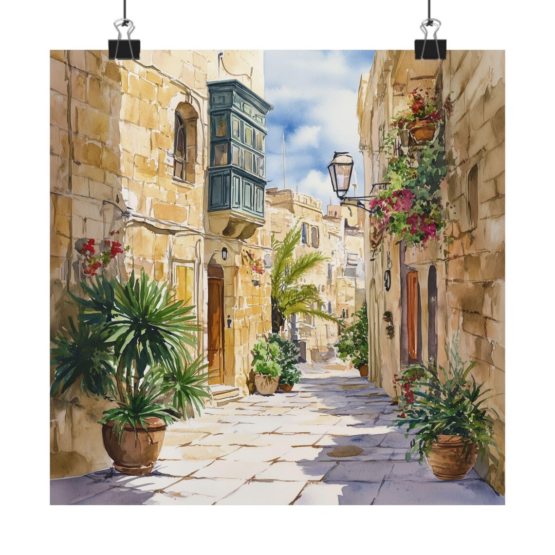 Malta Stone Street Watercolor Traditional Balcony Travel Poster
