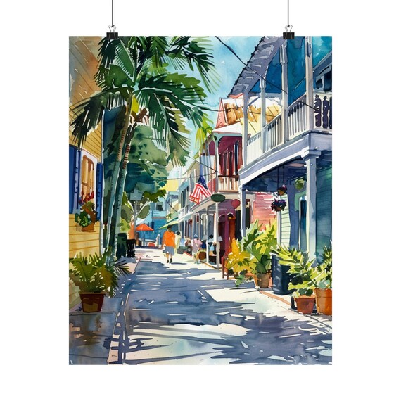 Key West Beach Cityscape Watercolor Poster