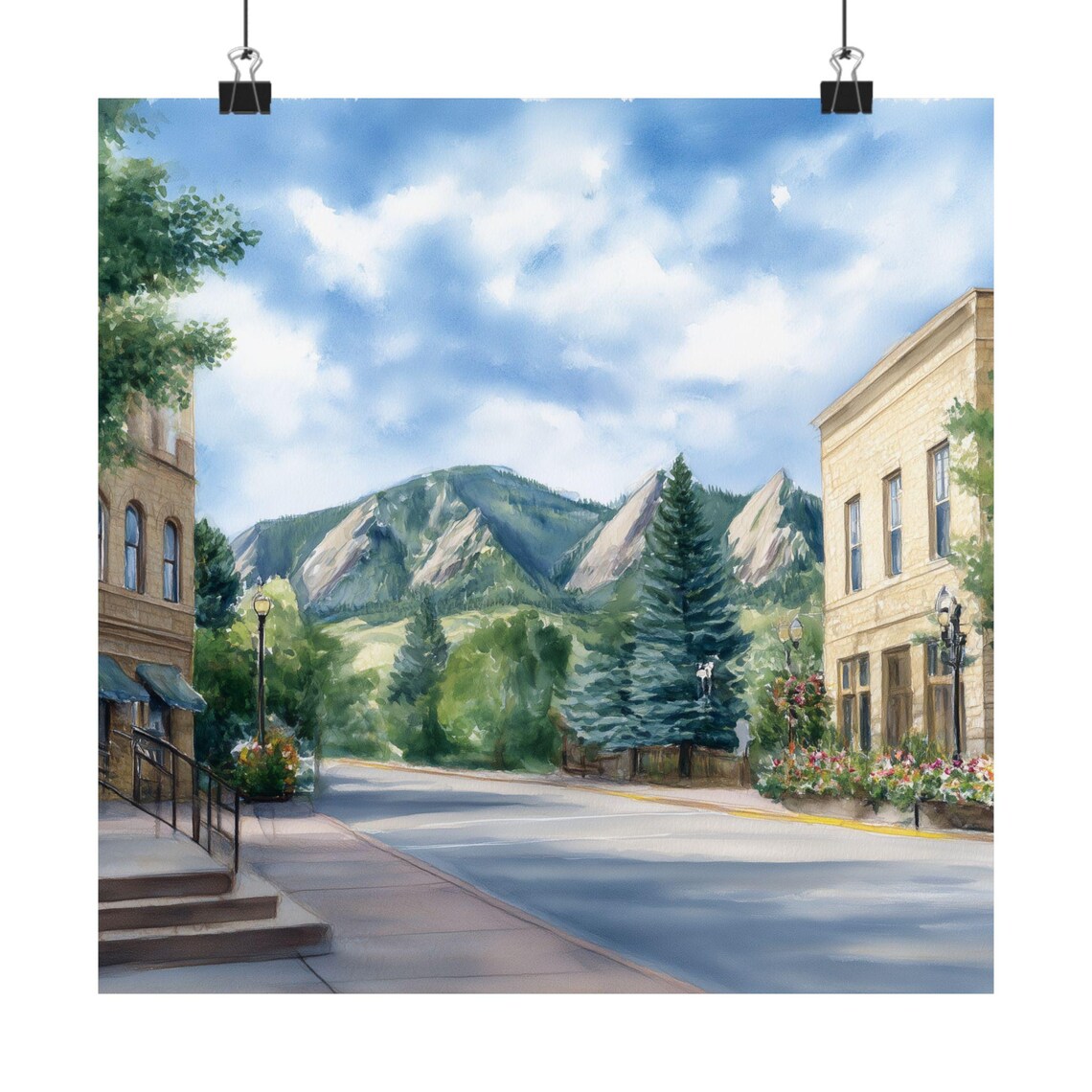Boulder Colorado Flatirons Mountain Street Watercolor Poster