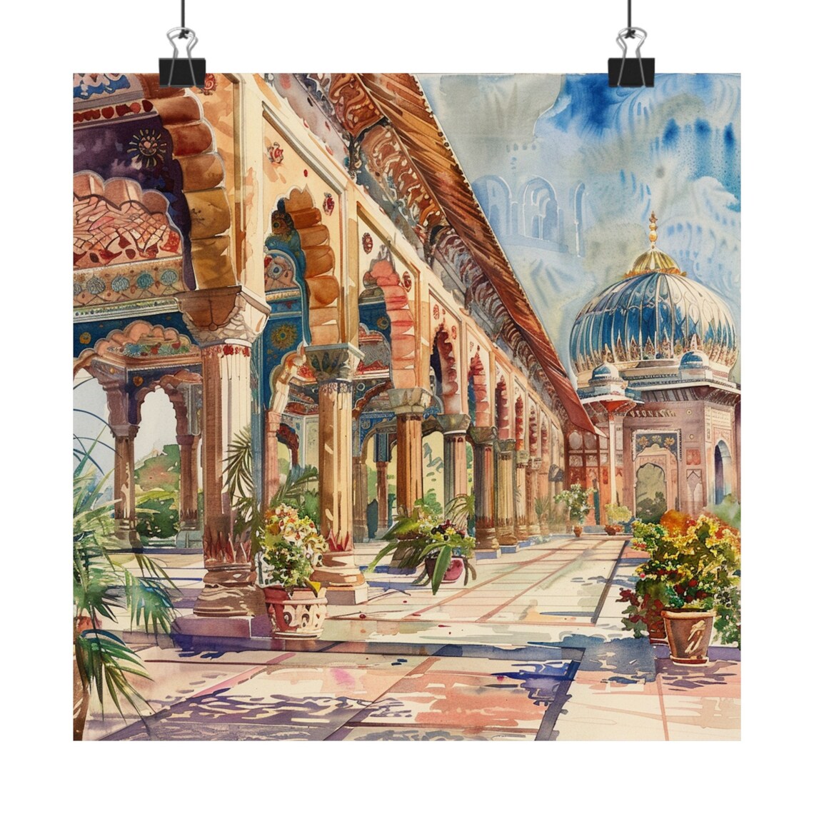 India Palace Colonnade Watercolor Poster With Domed Shrine And Arches