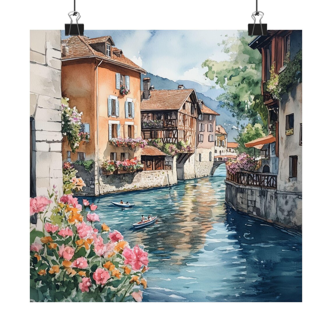 Annecy France Canal Watercolor Flower Boxes Old Town Travel Poster