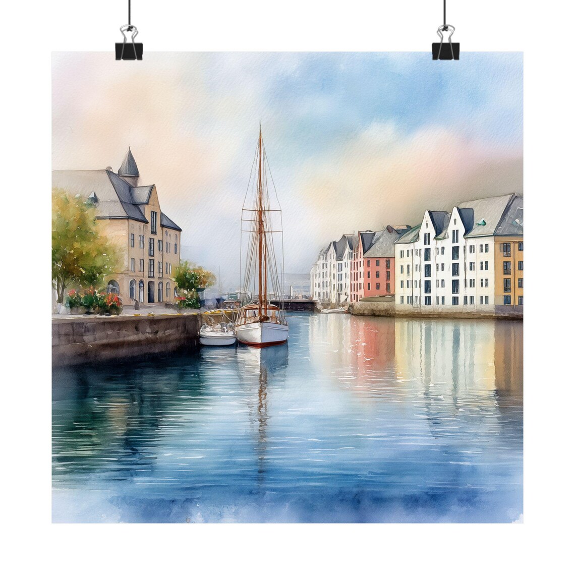 Alesund Norway Harbor Watercolor Poster With Sailboat And Old Houses