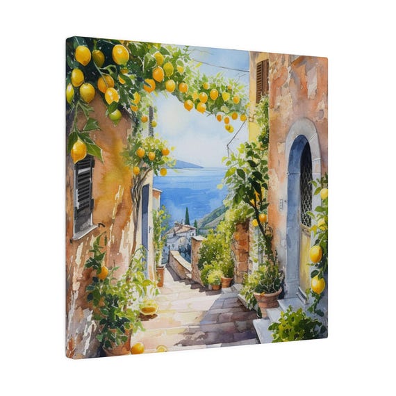 Mediterranean Watercolor Lemon Tree Canvas Wall Art Amalfi Coast Painting Italian Cityscape Italy Artwork Lemons Stretched 075