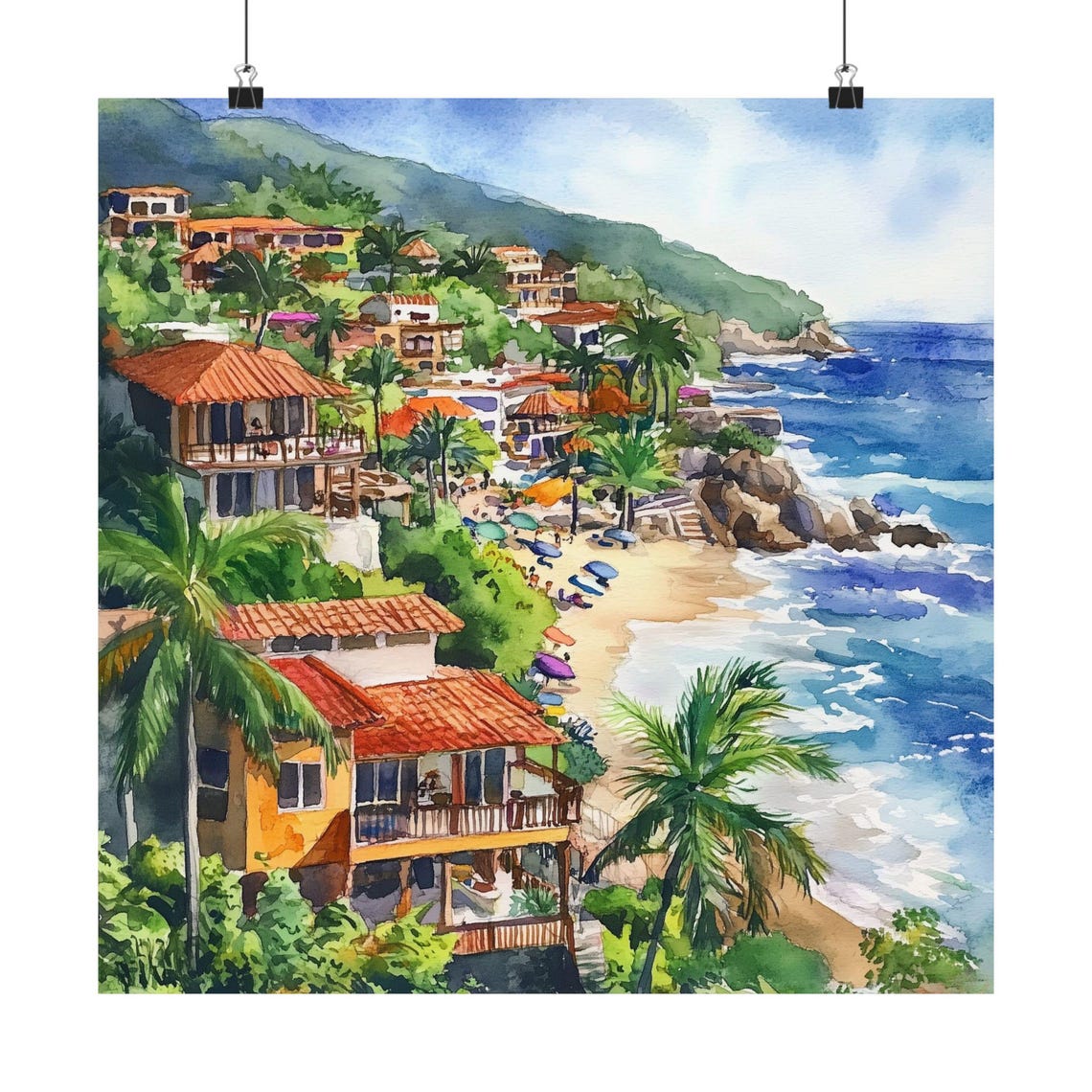 Lively Sayulita Mexico Cliffside Homes With Palms And Beach Poster