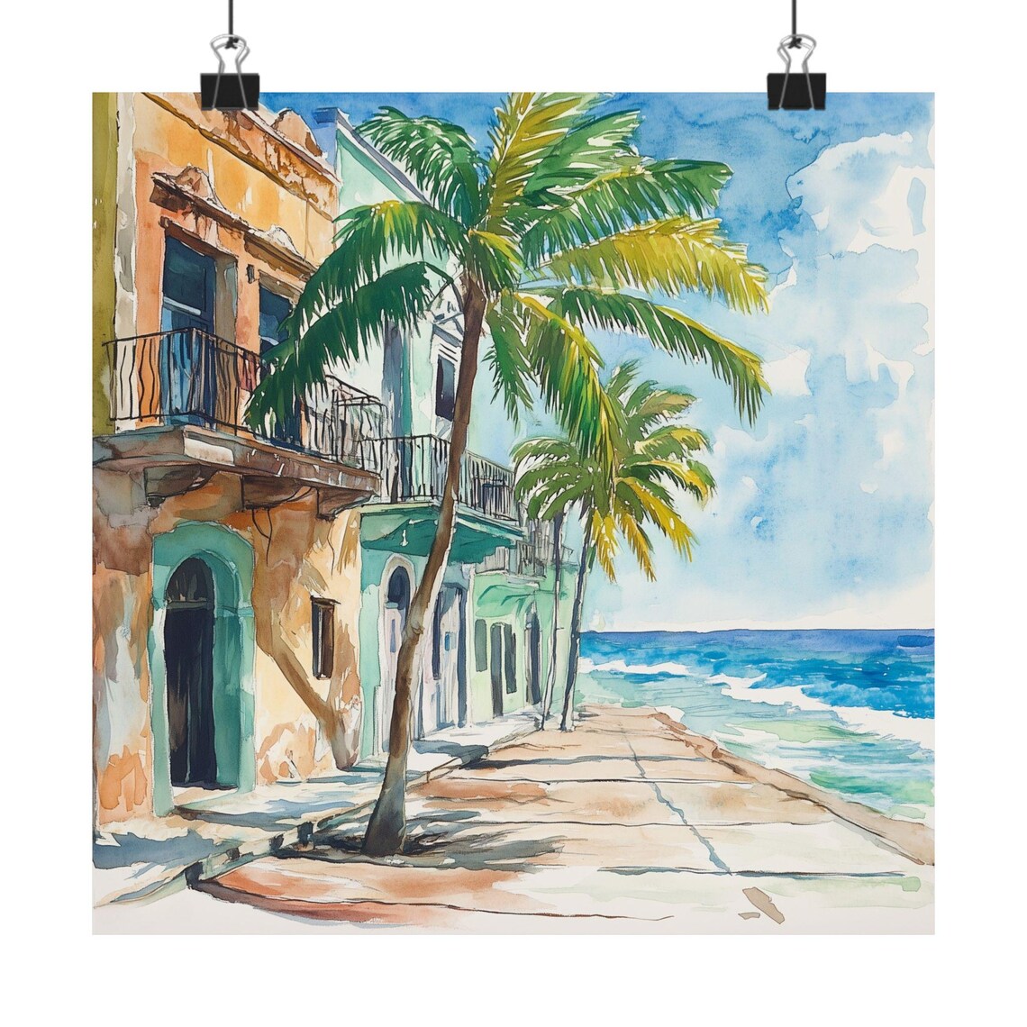 Havana Watercolor Travel Poster, Caribbean Seascape