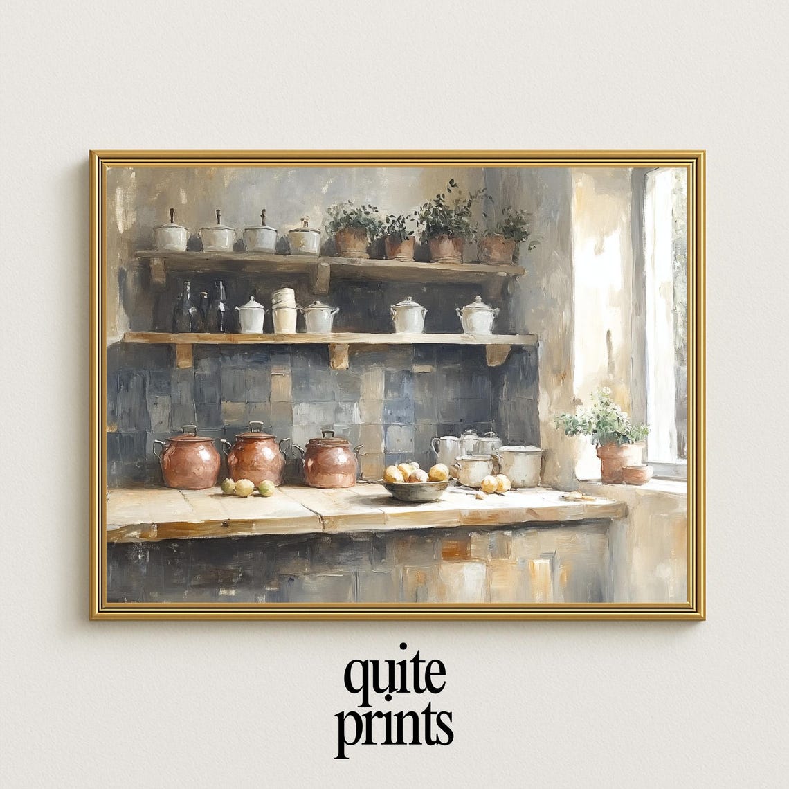 Rustic Kitchen Copper Pots Vintage Still Life Painting Poster
