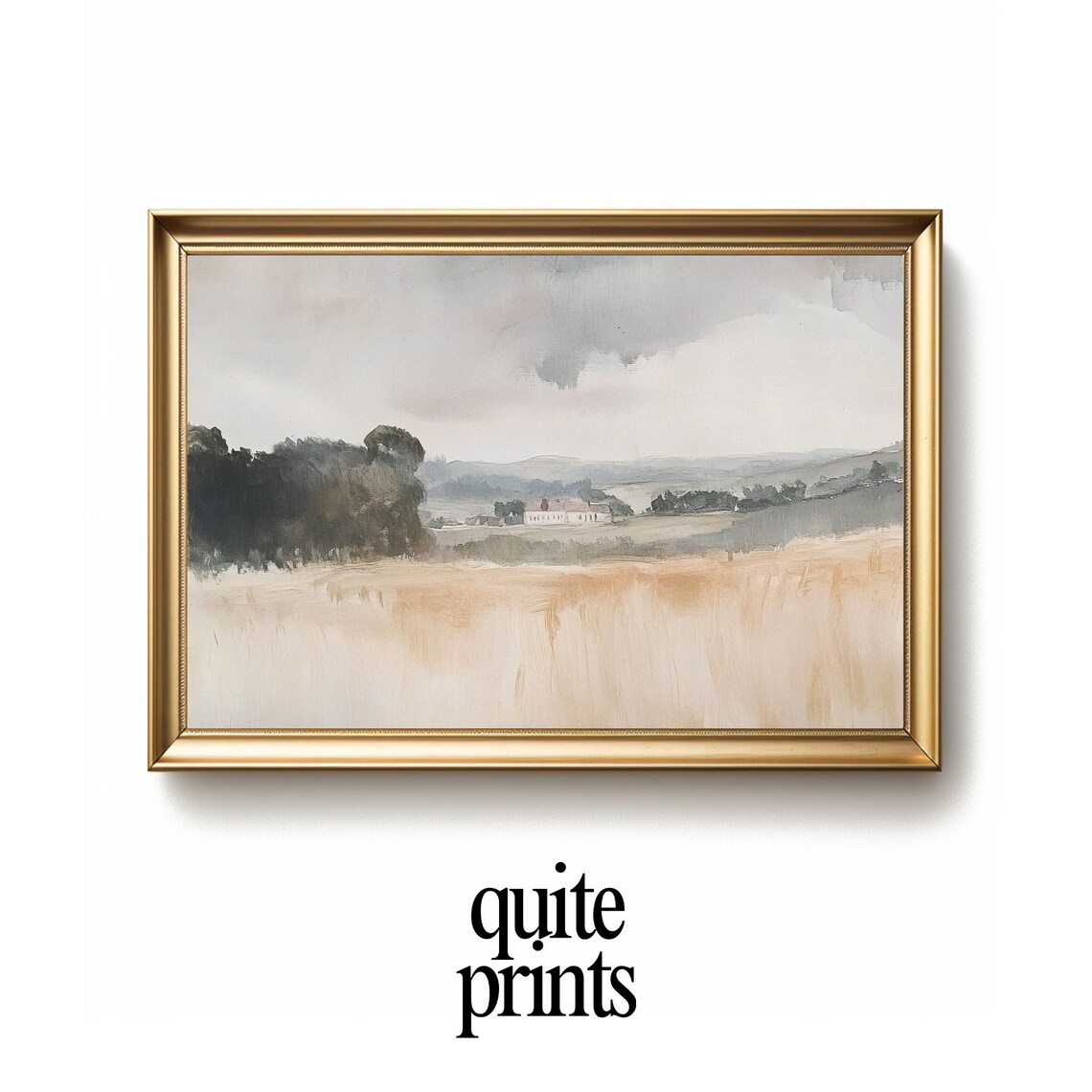 Golden Wheat Field Distant Farmhouse Misty Neutral Landscape Poster