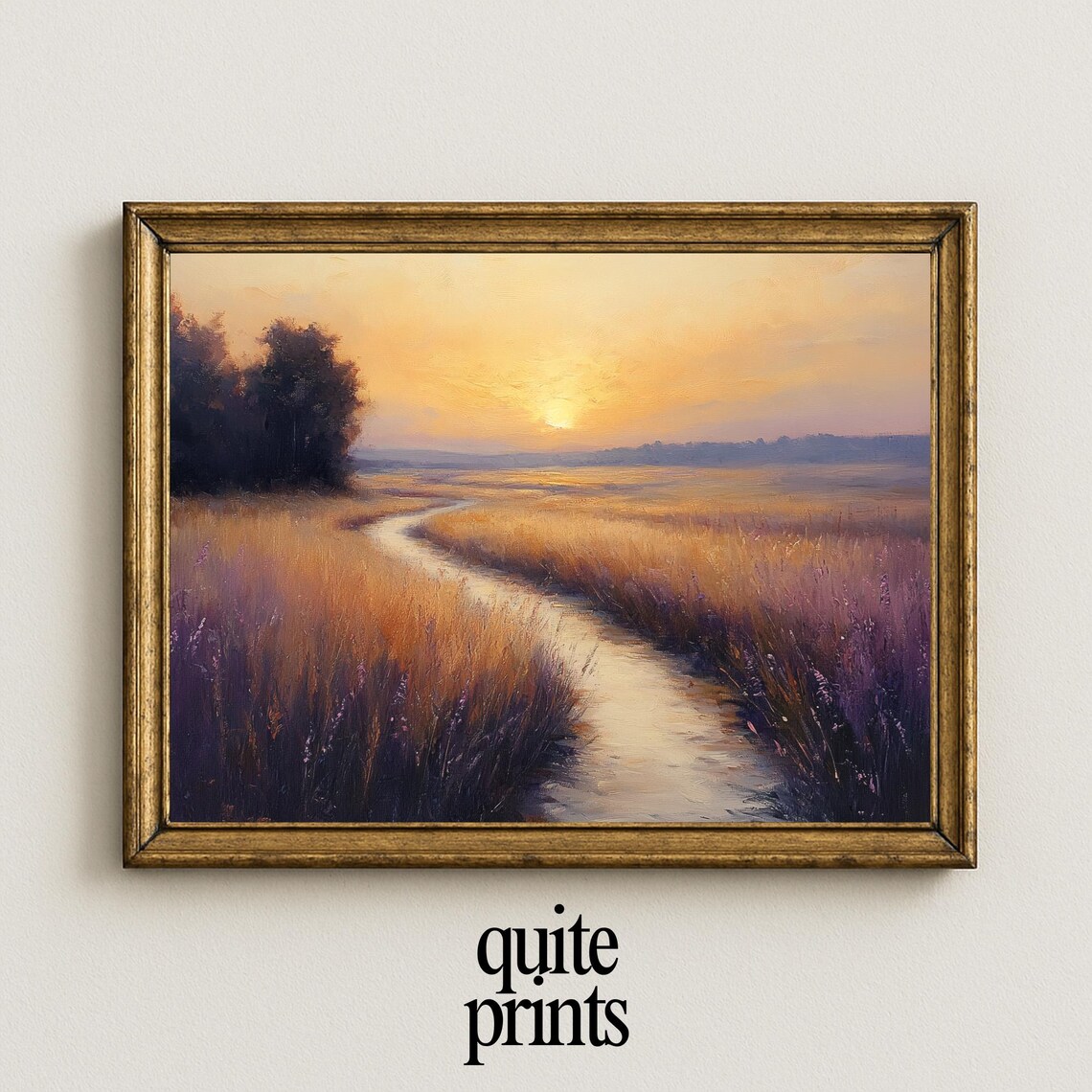 Golden Sunset Stream Winding Through Wildflower Meadow Painting Poster