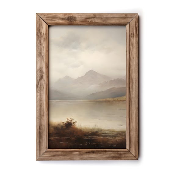 Impressionism Art Midcentury Modern Muted Mountain Lake Vintage Neutral Landscape Wall Rustic Nature