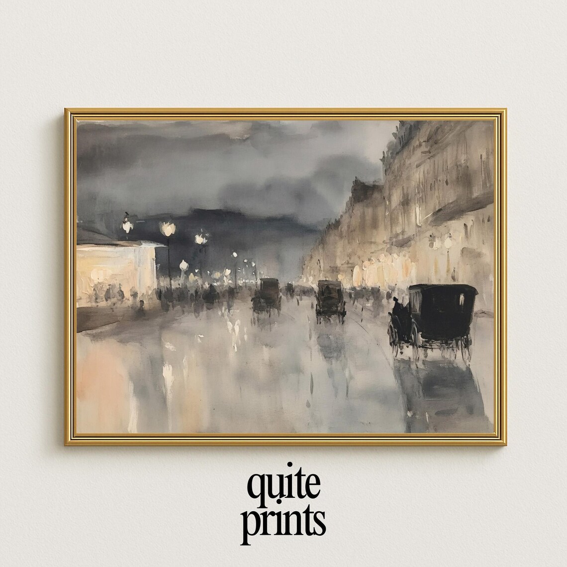 Rainy Paris Street Horse Carriage Night Impressionist Poster