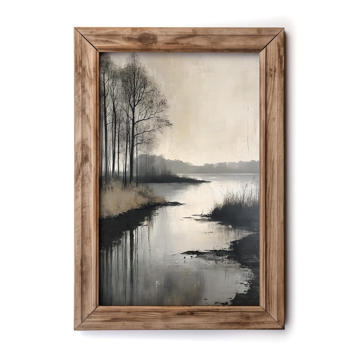 Serene Winter River Landscape Bare Trees Misty Water Reflection Poster