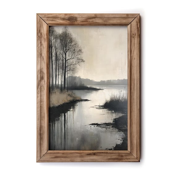 Serene Winter River Landscape Art Print Muted Neutral Tones For Modern Decor