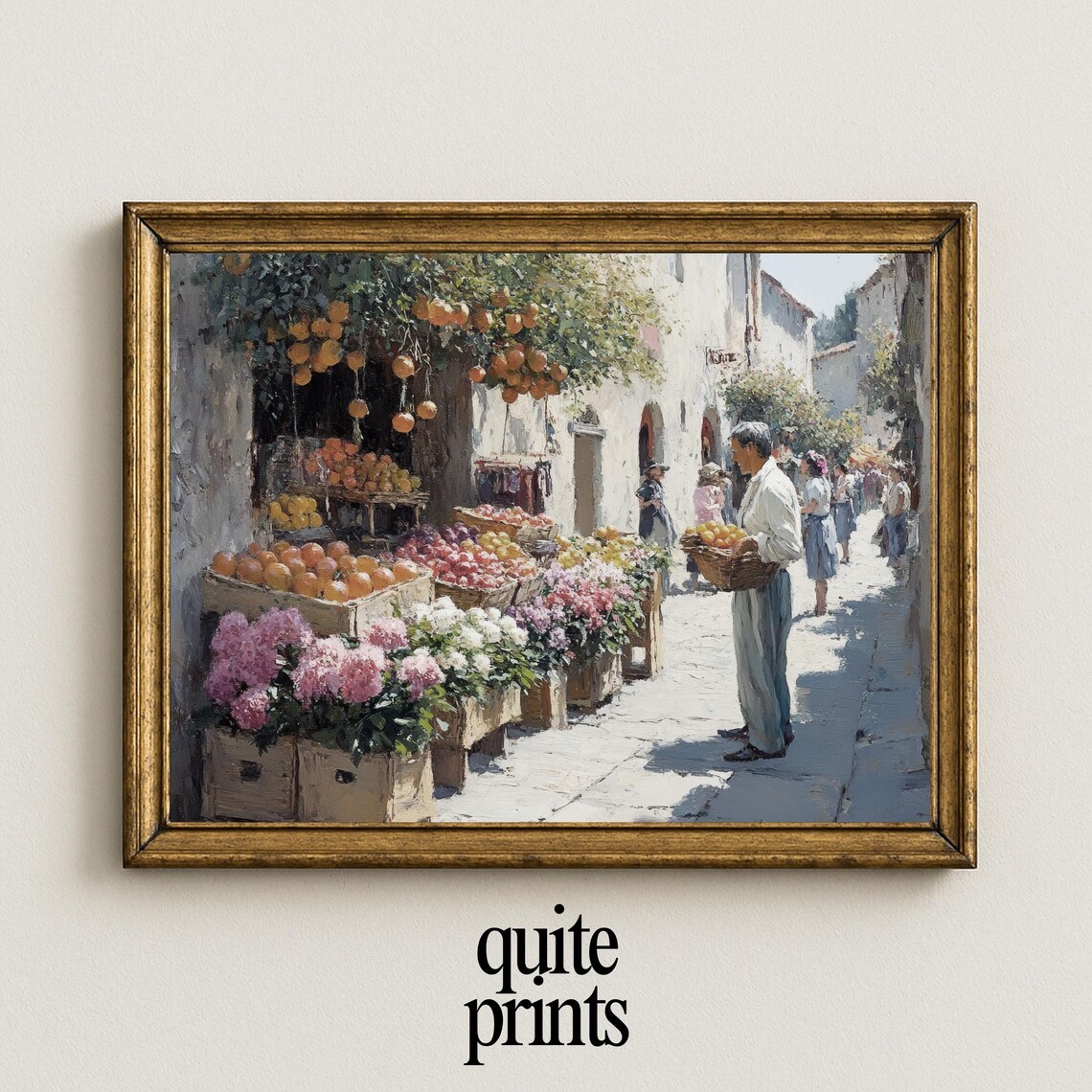 Italian Fruit Flower Market Street Hanging Oranges Sunny Wall Art