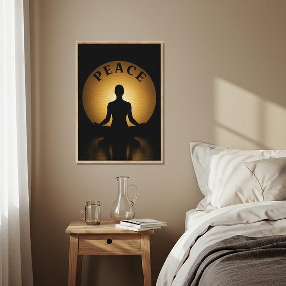 Peace Meditation Wall Art Golden Sun Silhouette Yoga Poster Spiritual Mindfulness Inspired Home Decor Print