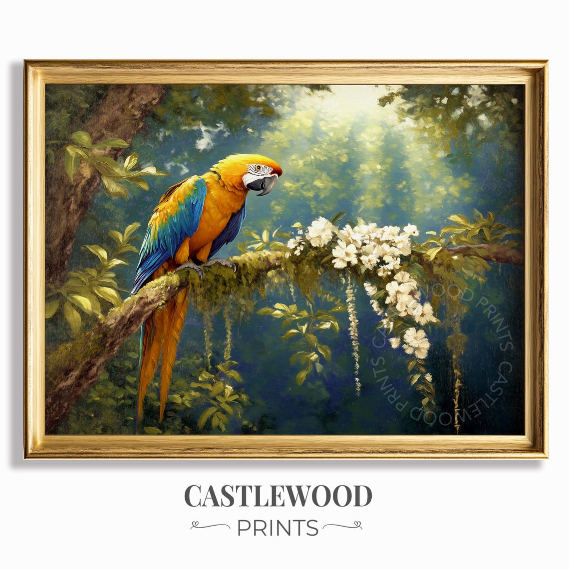 Blue-And-Yellow Macaw On Flowering Branch Above Water Poster