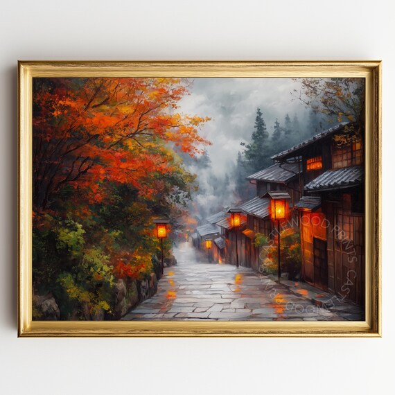 Kyoto Autumn Rainy Street Glowing Lanterns Japan Oil Painting Poster
