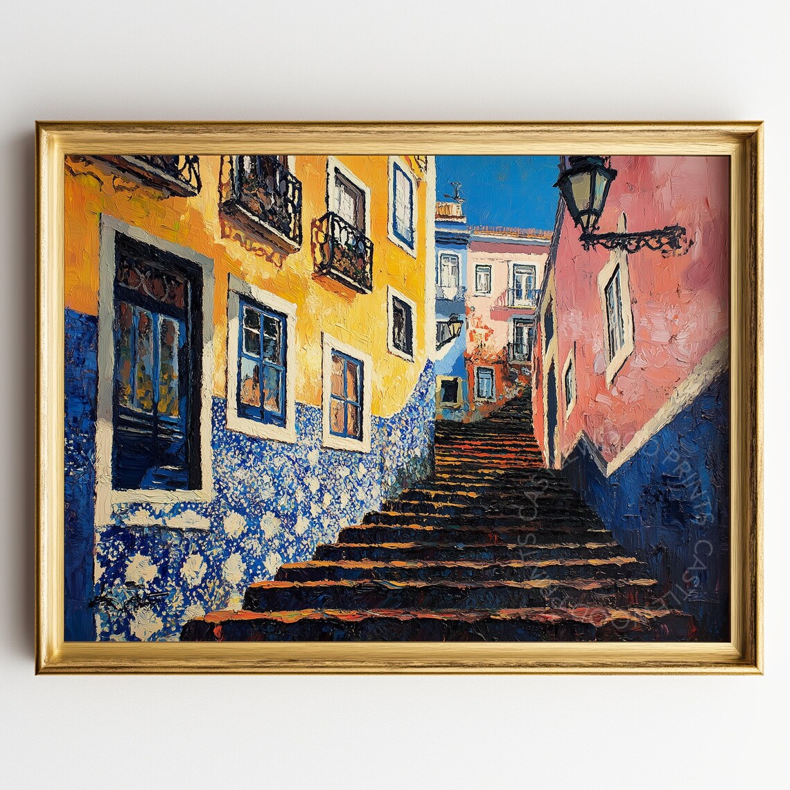 Lisbon Tiled Staircase Alley in Yellow and Blue Vintage Oil Painting Poster
