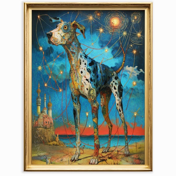 Surreal Dog Pop Art Print Whimsical Celestial Scene Fantasy Bizarro Fiction Style Unique Wall Decor For Quirky Homes 855