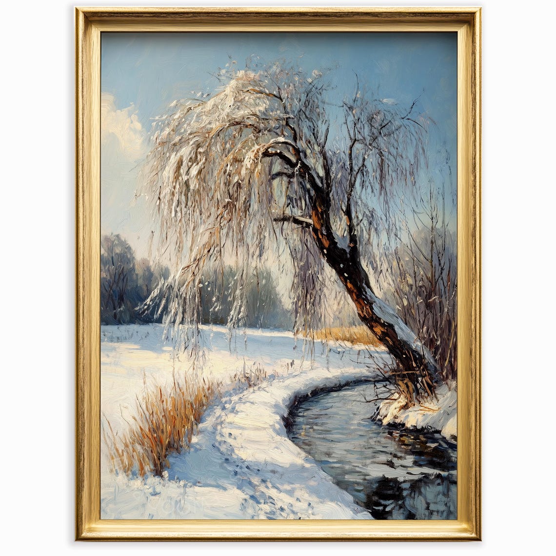 Frosted Willow Tree By Frozen Creek Sunny Winter Landscape Wall Art