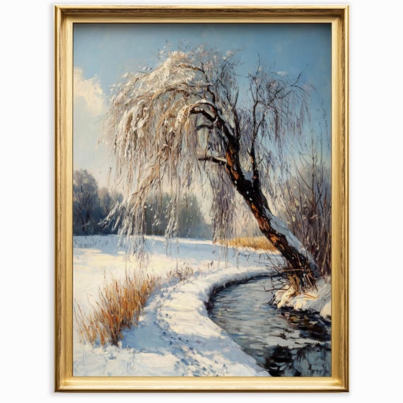 Winter Landscape With Willow Tree Snowy Countryside Scene Rustic Frozen Creek Oil Painting Wall Art Nature Decor 1036