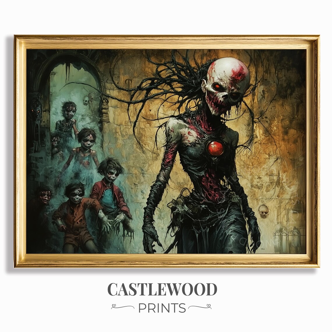 Towering Red-Eyed Horror Creature Leading a Zombie Horde Poster