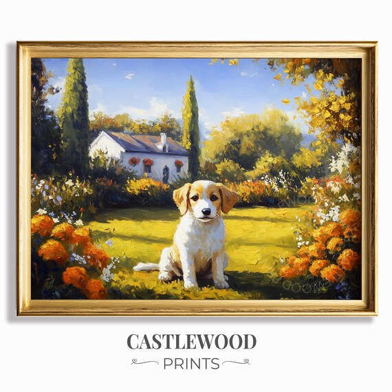 Autumn Dog In Garden Painting Rustic Puppy Landscape Art Cute Countryside Scene Vintage Fall Cottage Decor Oil 800