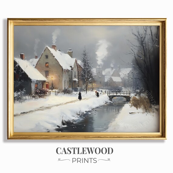 Winter Village Canal Scene With Bridge Rustic Snowy Landscape Poster