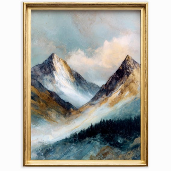 Majestic Mountain Landscape Painting Rustic Wall Art Earthy Scenic Decor Moody Scene Vintage Print 940