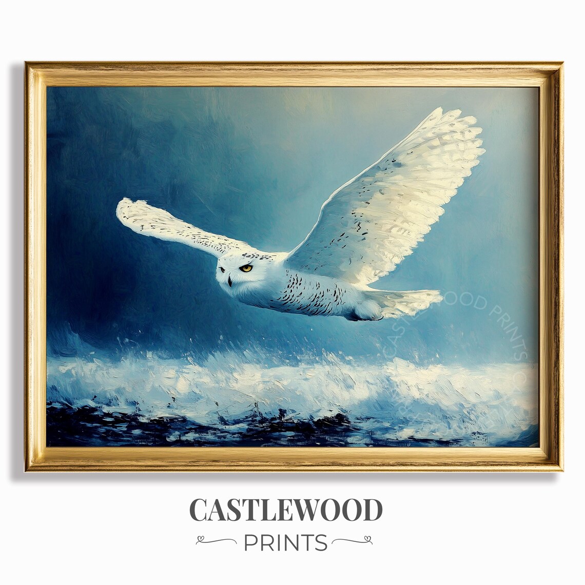 Snowy Owl Soaring Over Winter Ocean Waves Wildlife Oil Painting Poster