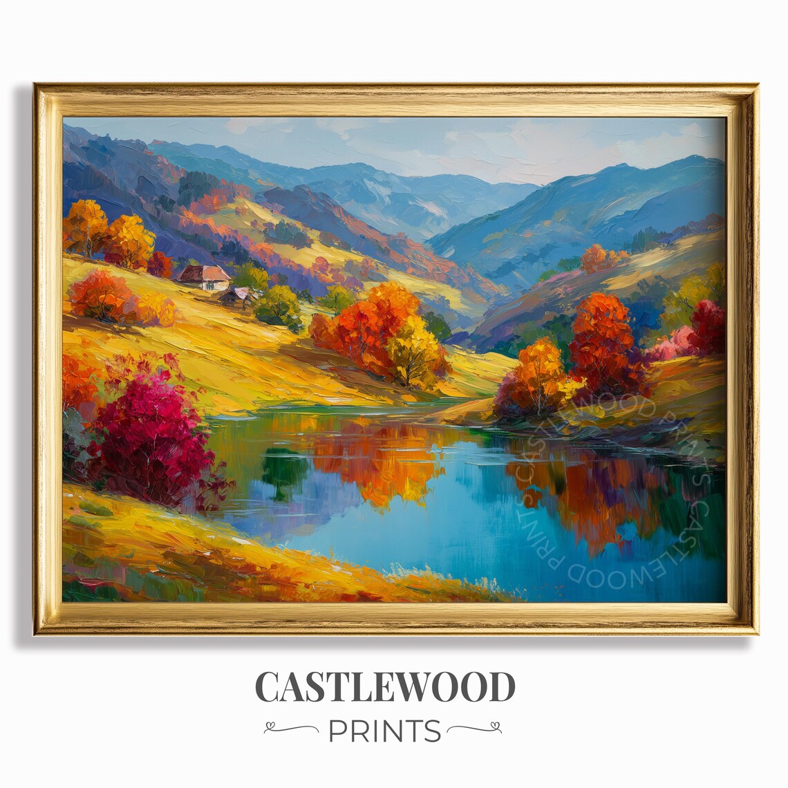 Autumn Hillside Cottage Lake Reflection Oil Painting Poster Mountain Scene