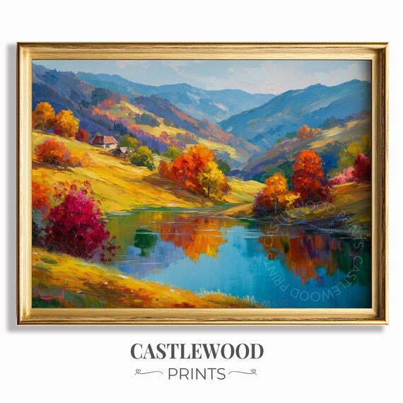 Autumn Hillside Cottage Lake Reflection Oil Painting Poster Mountain Scene