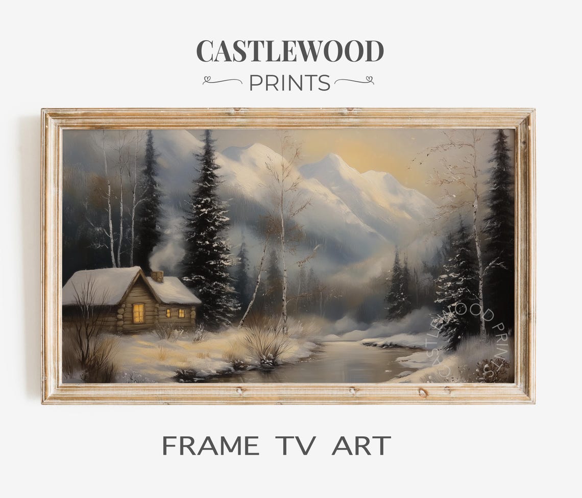 Winter Log Cabin At Dusk Snowy Forest Painting Frame TV Wall Art