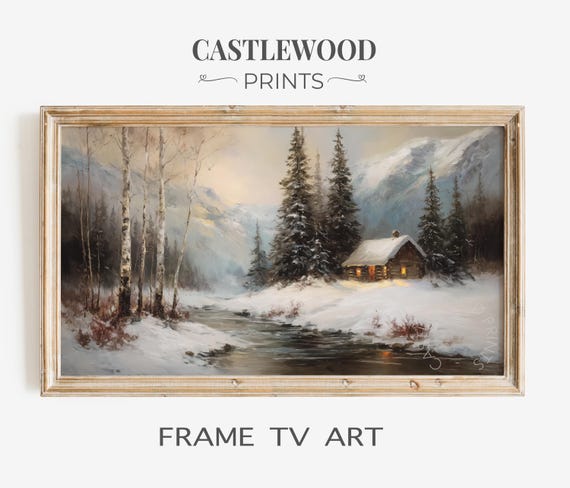 Rustic Winter Cabin Scene Tv Art Snowy Landscape Frame Cozy Cottage By River Wall Decor 56