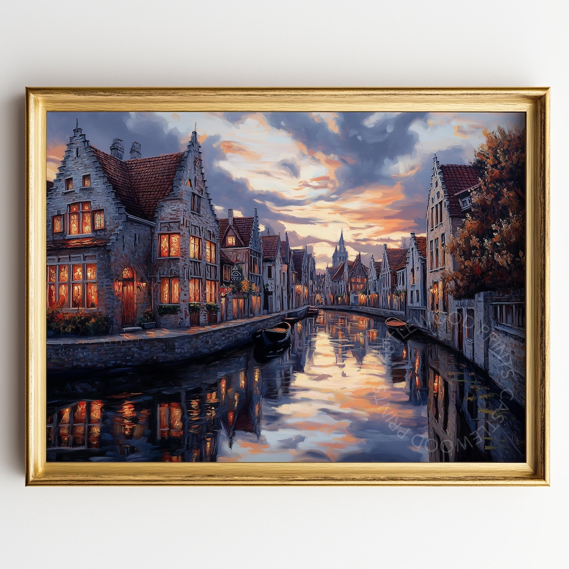 Bruges Canal At Dusk Flemish Gabled Houses Vintage Oil Painting Poster