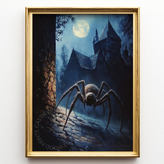 Eerie Gothic Landscape With Spider Moonlit Castle Scene Vintage Halloween Decor Dark Fantasy Art Wall Print 172