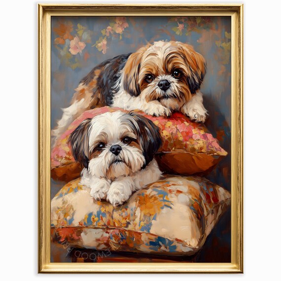 Shih Tzu Dog Painting Charming Pet Portait Cute Dogs On Cushions Rustic Home Decor Vintage Style Wall Art Cozy 996