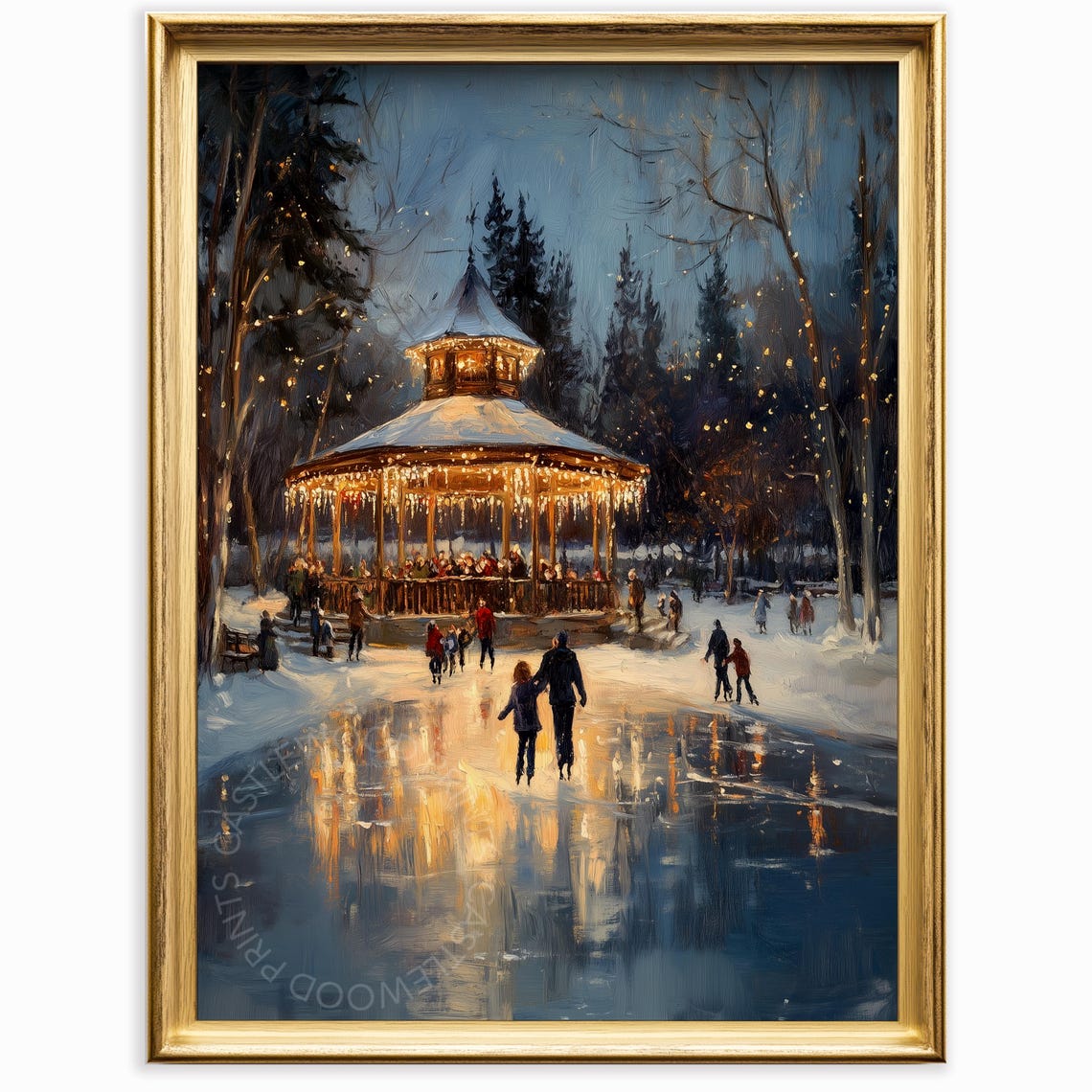 Winter Gazebo Skating Night Illuminated Pond Holiday Painting Poster