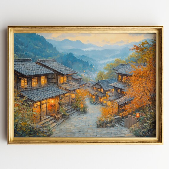 Rustic Japanese Temple Town at Autumn Dusk With Glowing Lanterns Poster