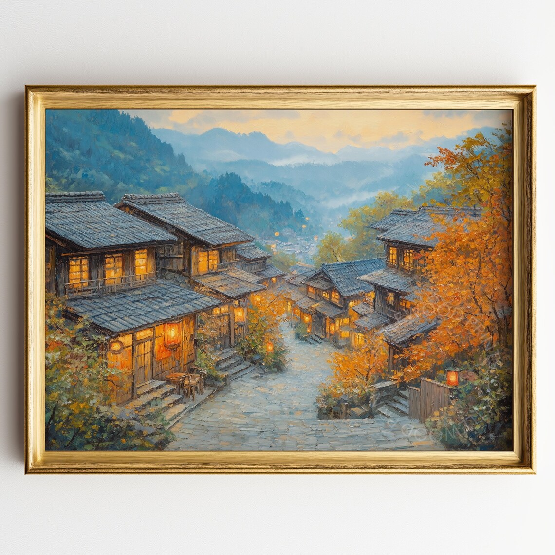 Rustic Japanese Temple Town at Autumn Dusk With Glowing Lanterns Poster