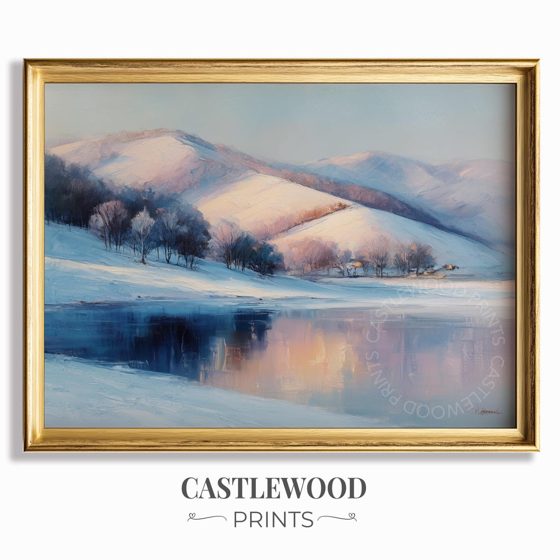 Snowy Mountain Sunrise Glow Reflecting on a Mirror Lake Poster